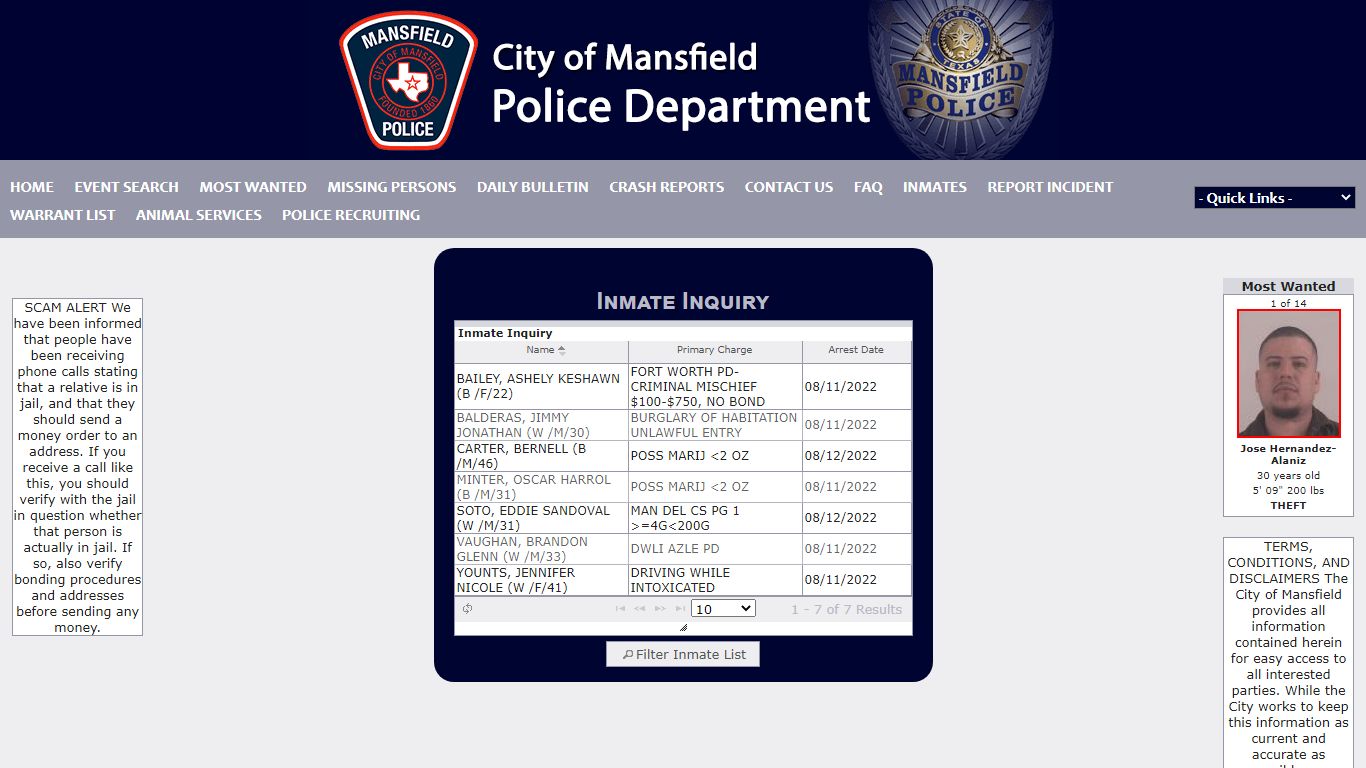 Inmate Inquiry - Mansfield Police Department P2C